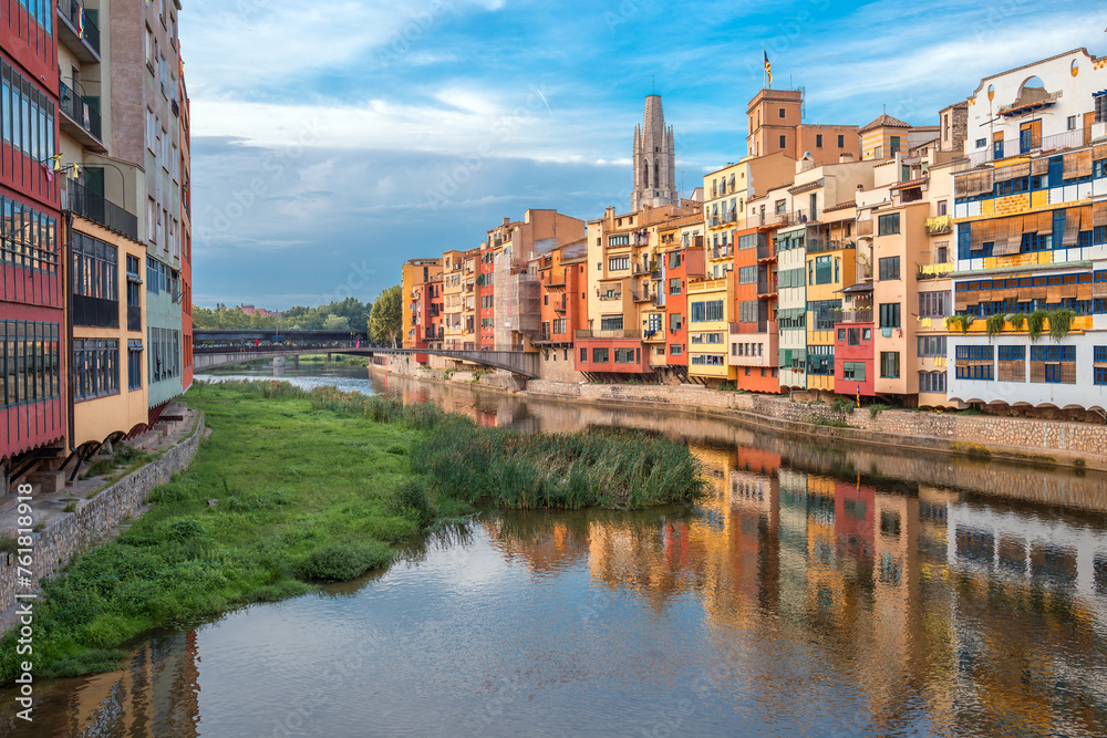 The view on the cathedral of Saint Mary through the river - Girona, Catalonia, Spain