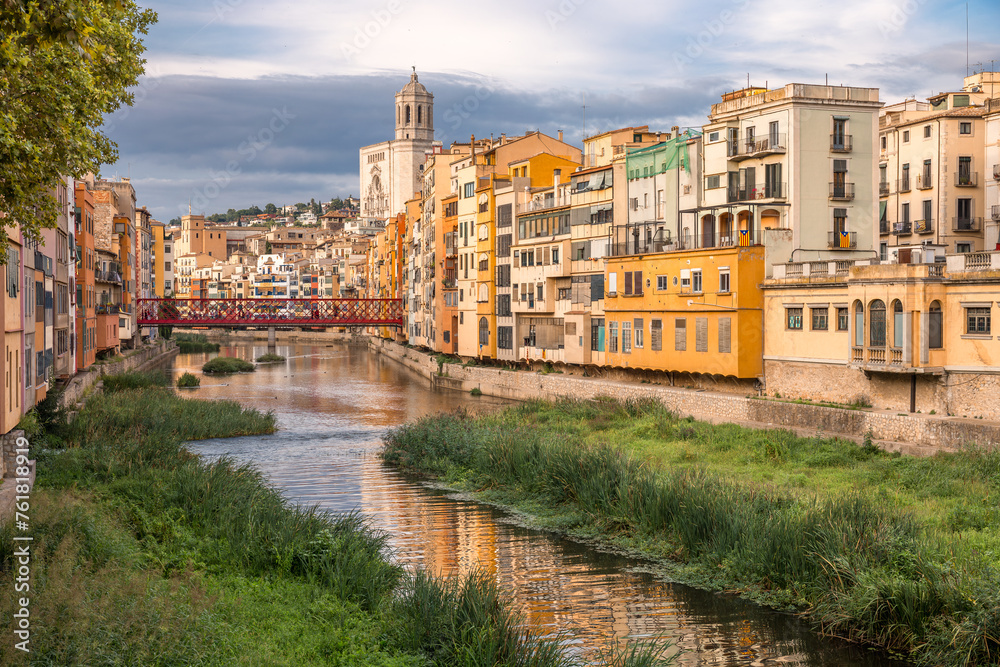 The red pedestrian bridge over the Onyar river in Girona - Catalonia, Spain