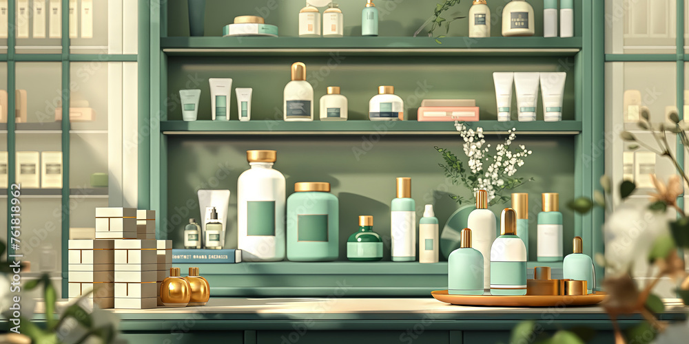 Serene Apothecary Shelves Stocked with Elegant Beauty and Wellness Products