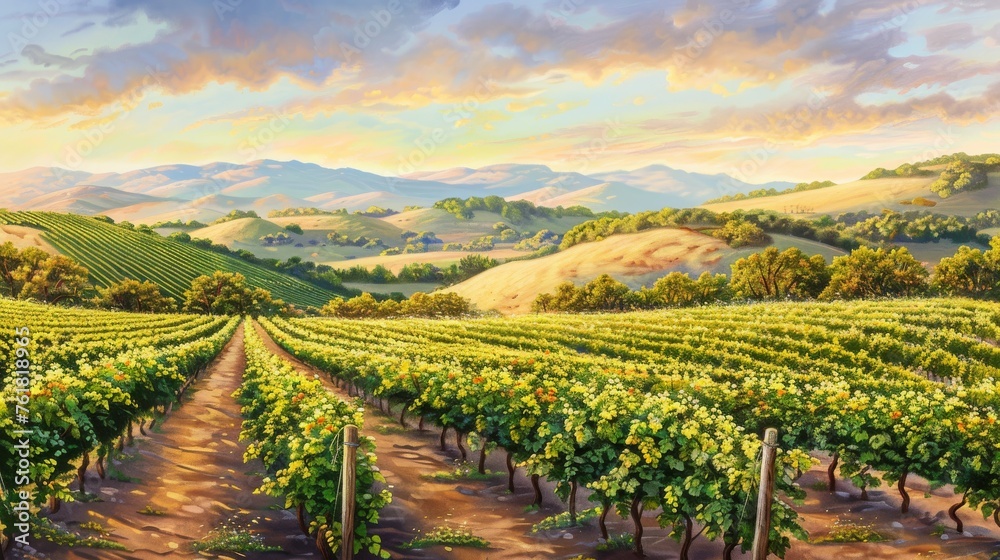 Sun-drenched vineyard with rolling hills in the background, portrayed in vibrant oil painting colors.
