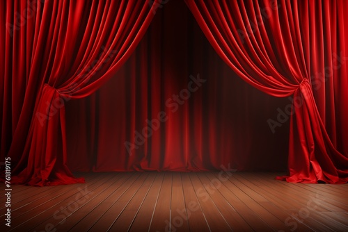 Red stage curtain and wooden floor with spotlights. illustration.