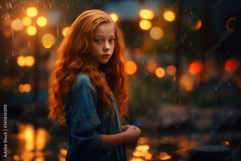 In the rain of change: A red-haired girl in the fall - between sadness and hope.
