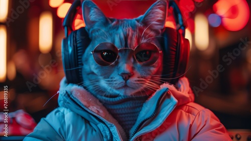Hipster cat wearing sunglasses listening to music with headphones in nightclub.