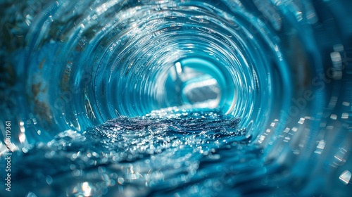 The glossy, smooth interior of a water slide, highlighted by a close-up of the water's surface tension, creating a mirror-like reflection on the tube walls, depicted in Abstract Photography photo