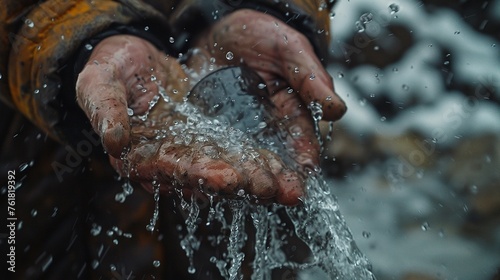 A 4K close-up on the hands of a homeless individual using a broken fire hydrant to fill a bottle, the water's spray frozen in time, depicted in Ultra High Definition