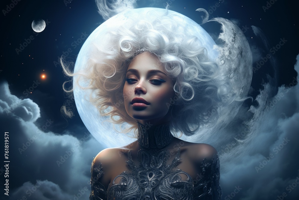 Enchanting Moon girl fantasy. Magic walk sign. Generate Ai