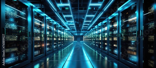 A long hallway in the building, filled with rows of servers in a data center. The electric blue light fixtures create a symmetrical pattern, casting an aqua hue on the rectangular server racks