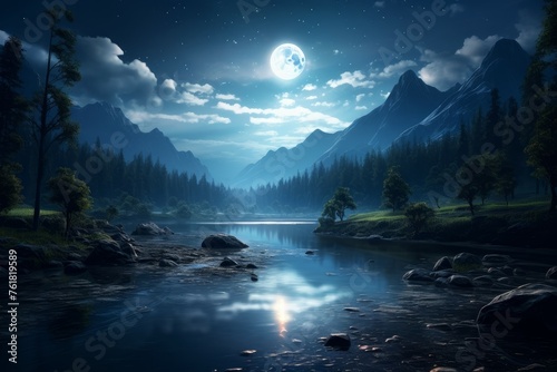 Reflective Moon night river. Nature landscape. Generate Ai