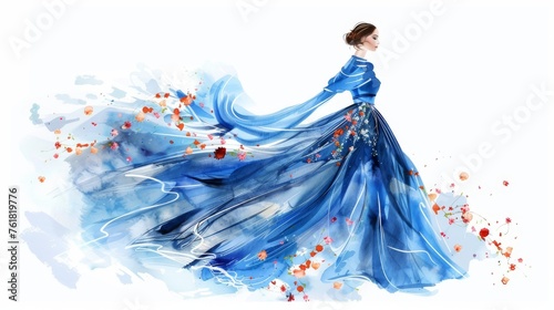 Watercolor fashion illustration of a flowing blue dress with floral accents.