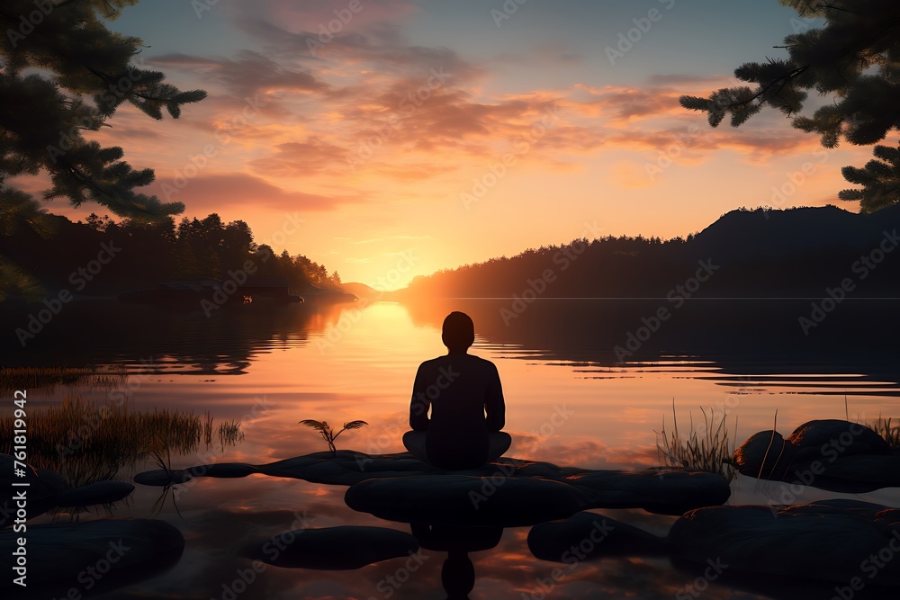 Silhouette of a buddha sitting on a pier in the lake at sunset