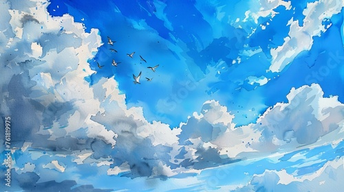 Watercolor painting of a clear blue sky with fluffy clouds and flying birds.