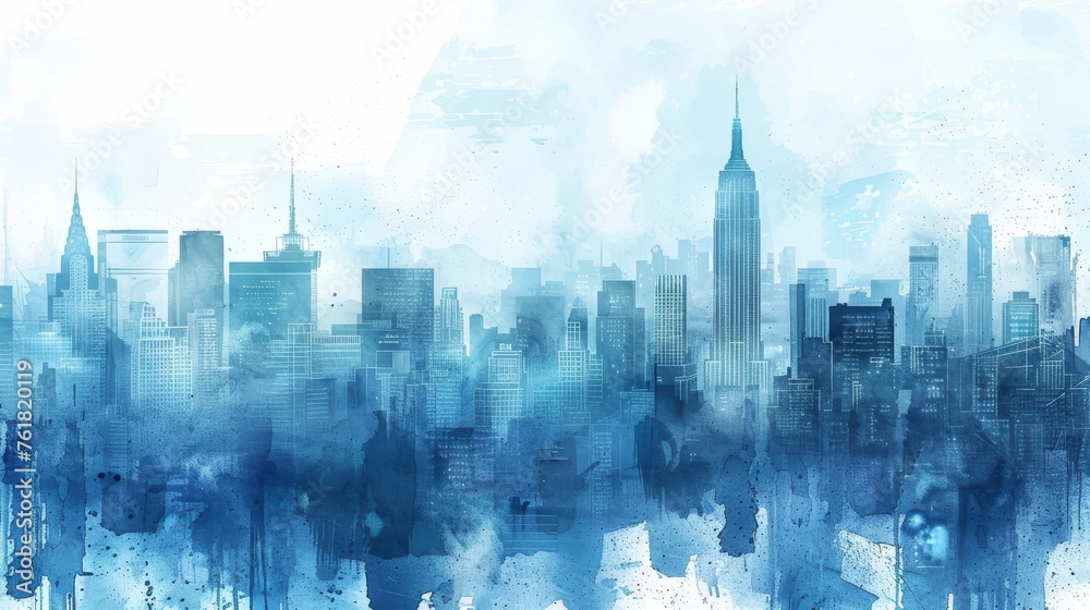 Watercolor skyline of a bustling city with shades of blue during the twilight hour. Watercolor skyline of a bustling city with shades of blue during the twilight hour.