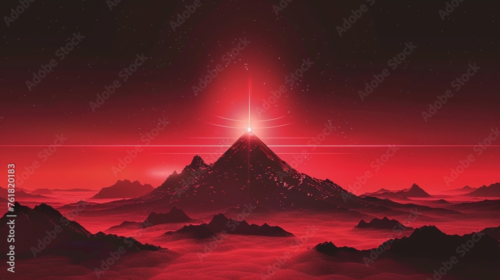 Volcano shrouded in red and black cosmic fog, in Chiaroscuro Vaporwave style, with pulsar beams - obrazy, fototapety, plakaty 