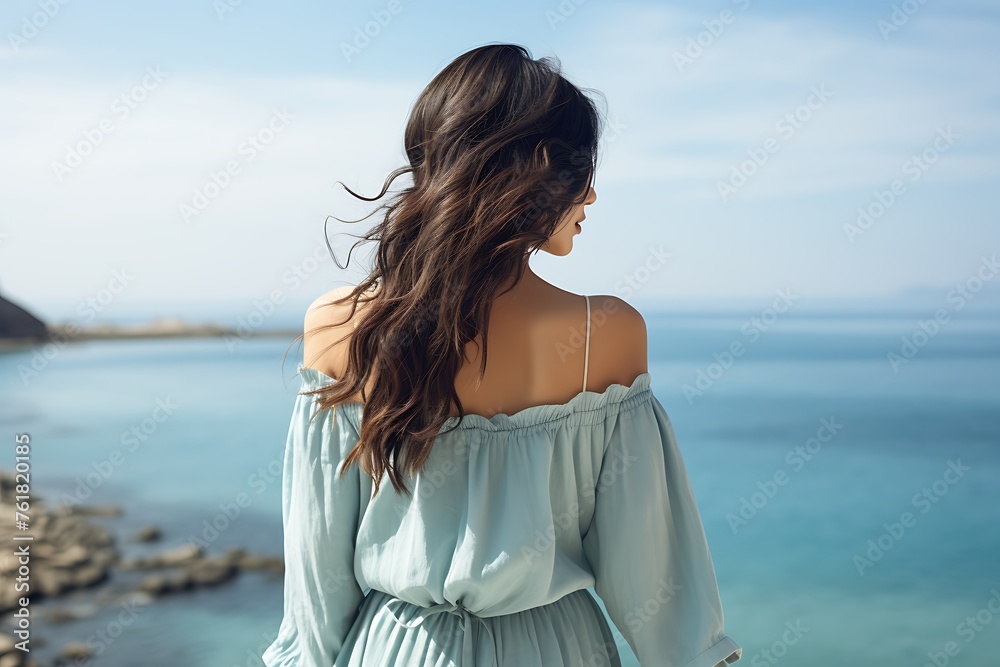 Obraz premium Back view of young brunette woman in standing on seashore