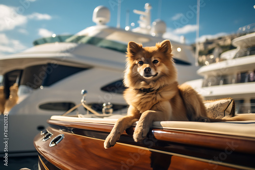 dog lounging on polished wood of luxury yacht, basking in golden sunlight with opulent vessels in the background, embodying affluence and companionship