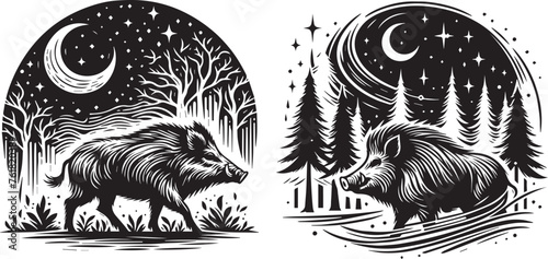 wild boar illustration vector black and white  photo