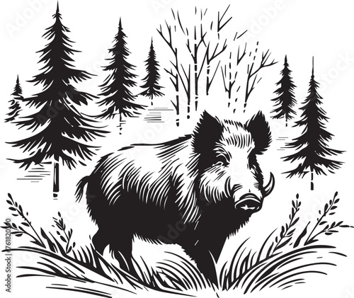 wild boar illustration vector black and white 