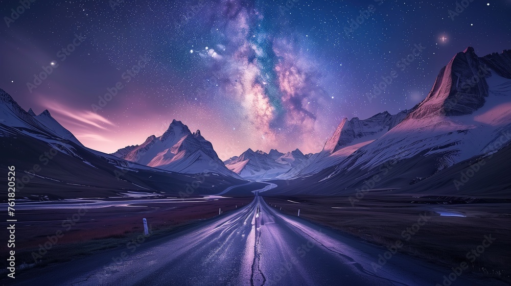 Starry Night Over Snow-Capped Peaks with Winding Valley Road