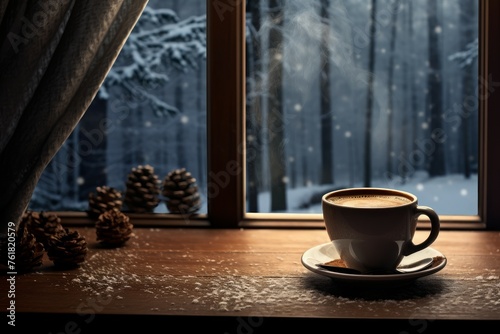 Dark Morning coffee winter. Cozy drink. Generate Ai