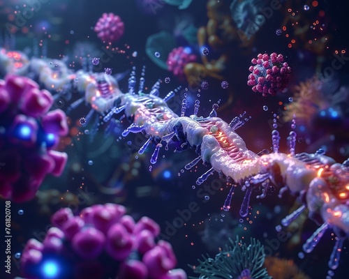 An immersive 4K scene of nanobots navigating through the human digestive system, cleaning and repairing as they go