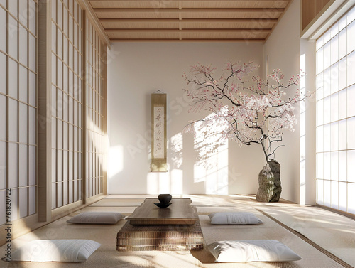 Serenity in a Japanese tea room with tatami mats, simple elegance, inviting peaceful reflection.
