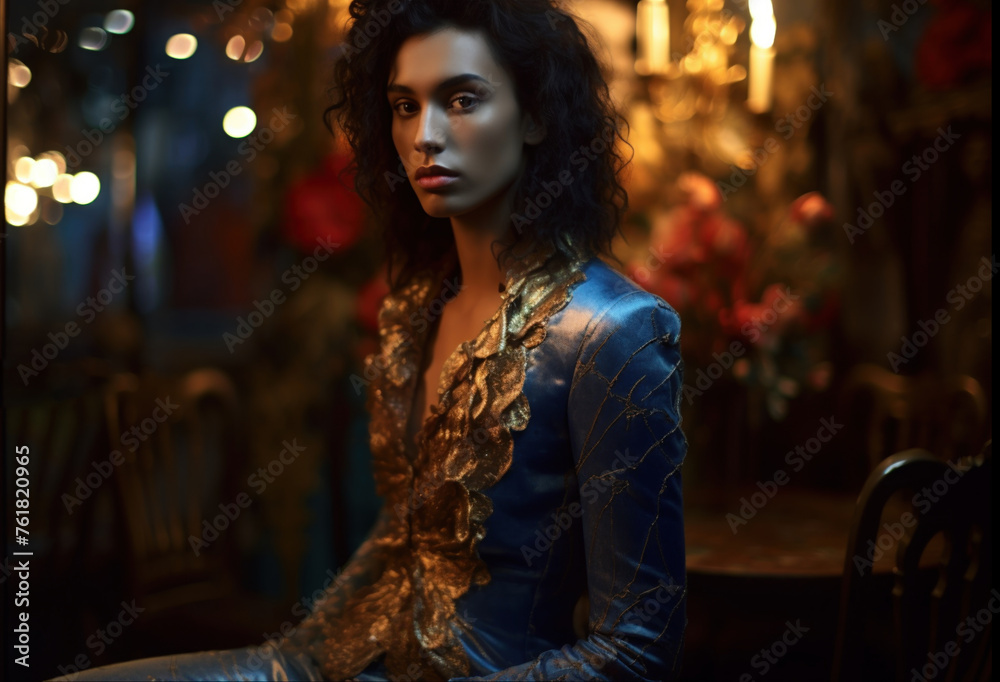 Mystic elegance: a young man in a blue jacket surrounded by darkness and mystery. Mystic elegance: a young man in a blue jacket surrounded by darkness and mystery.