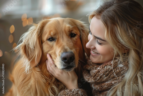 A woman bonds with her golden retriever amidst a warm, bokeh-lit background © Dragana