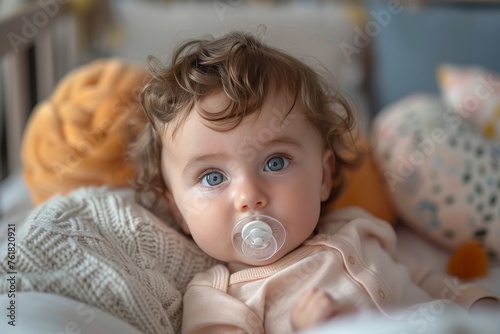 Sweet curly-haired infant with a pacifier in a crib