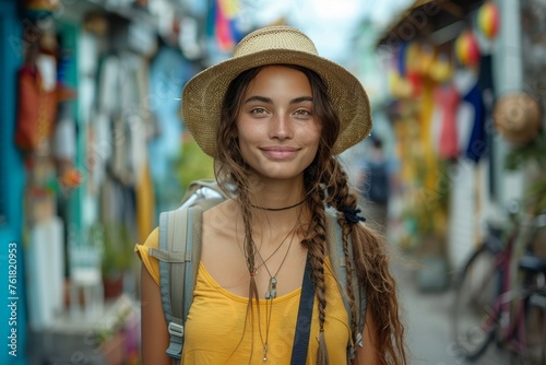 A smiling woman wearing a straw hat and a yellow top stands on a vibrant street full of decorations