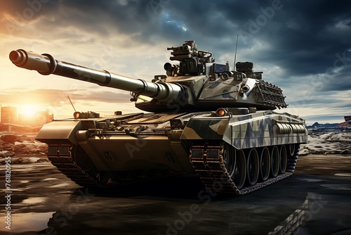 Heavy tank on the sky background. 3d rendering toned image