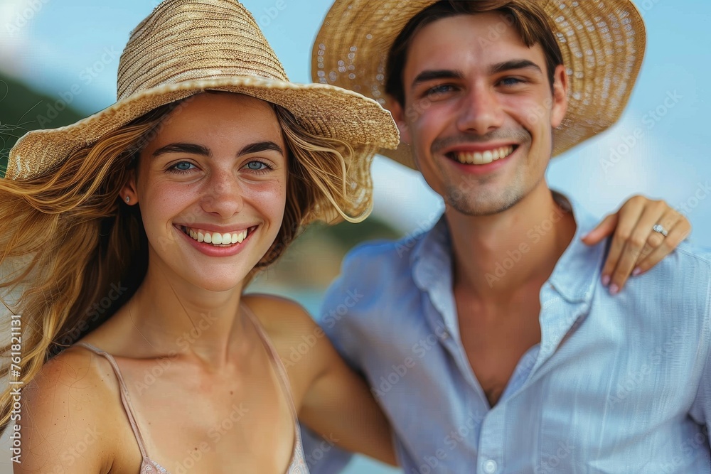 A radiant young couple in sun hats shares a happy moment together