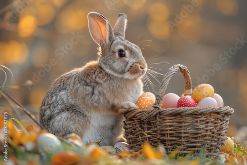 Easter Bunny with a basket full of colored eggs