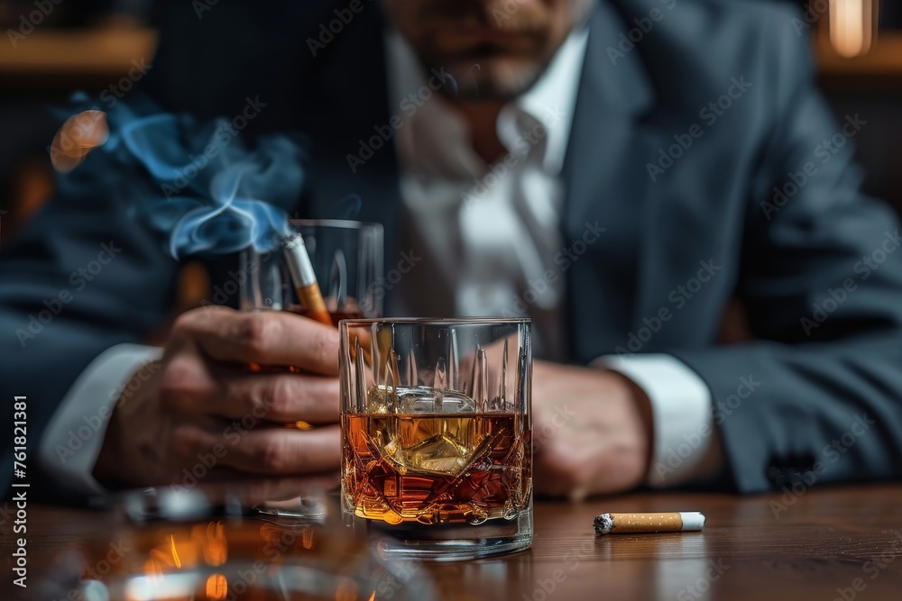 An atmospheric shot of a man in a suit with a whiskey on the rocks and smoking a cigarette in a bar setting