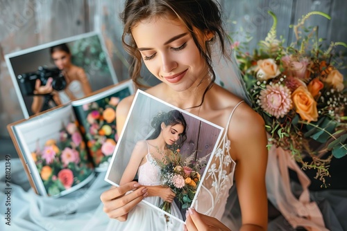 A happy bride sees her own portrait with a bouquet, capturing self-reflection and joy photo