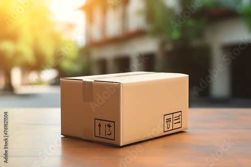 Cardboard box on table in city street, closeup. Delivery service