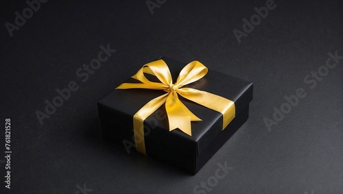 Top view yellow small gift box on gift box on empty black background, space for text, empty space for advertising