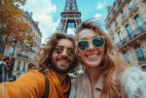 Couple Selfie with Eiffel Tower Background. Concept of Romantic and Happy Couple.