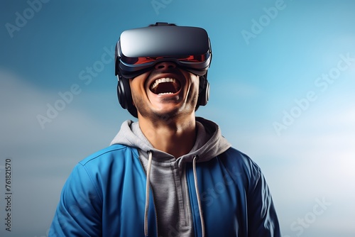 smiling man in virtual reality headset gesturing with hand isolated on grey © Creative
