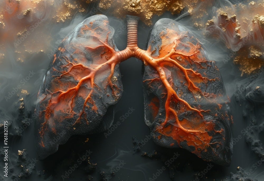 Unhealthy, sick lungs with poor air quality. Human lungs and bronchial cells in smoke - obrazy, fototapety, plakaty 