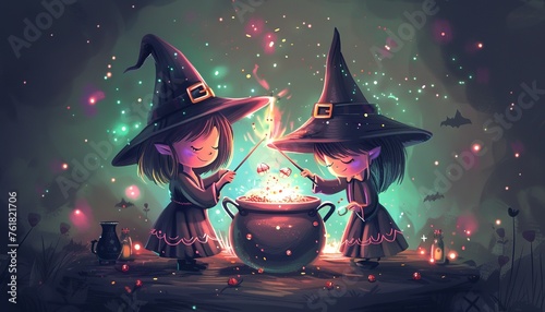 illustration of two cute cartoon witches photo