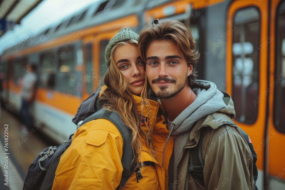 Close-up of a romantic couple in yellow and green outerwear at a train station with warm embraces