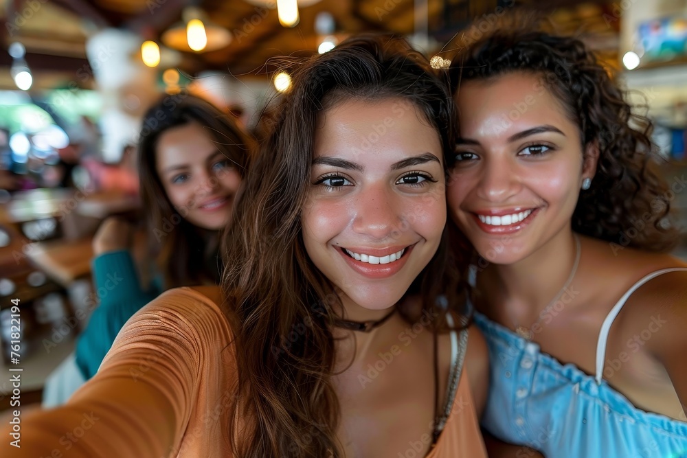 Three cheerful friends smiling brightly as they take a close-up selfie, sharing a moment of fun and connection