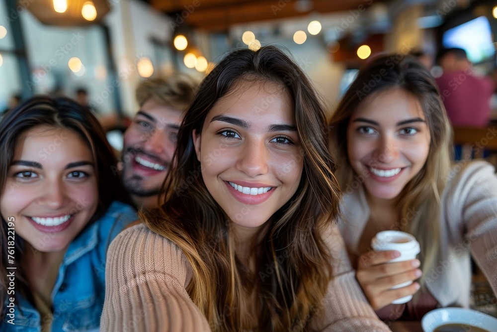 Three young friends taking a selfie together in a cozy café setting, smiling at the camera while holding drinks