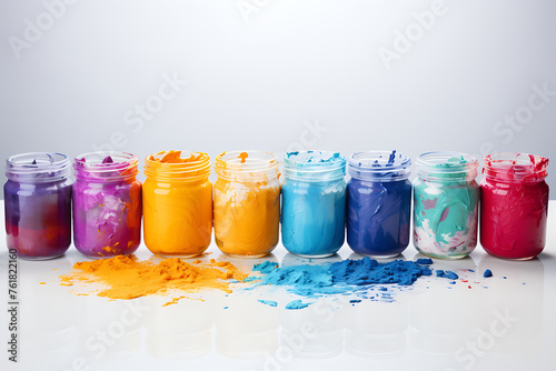 Eight glass jars of multi-coloured paint, powder, white background, art and creativity