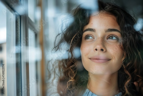 A young woman with curly hair and freckles smiling, looking out of a window, reflecting her optimism