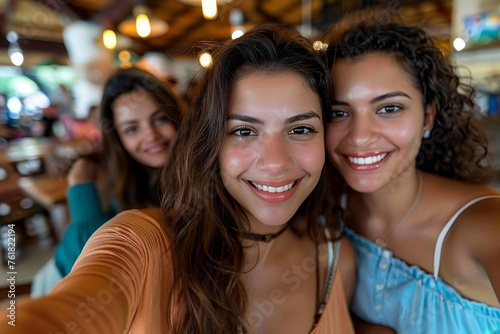 Three cheerful friends smiling brightly as they take a close-up selfie, sharing a moment of fun and connection