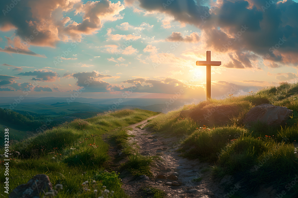 Cross on the hill with a path leading to God, a Christian symbol of faith. Happy Easter!