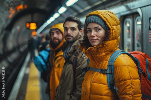 Four young adults in winter jackets standing on a subway platform, looking casually towards the camera