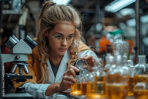 Focused young woman scientist inspecting samples in a lab filled with scientific equipment