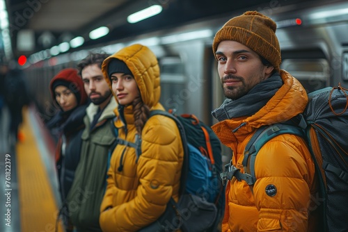 A group of four friends in winter gear posing on a subway platform with a train in the background © Design Depot